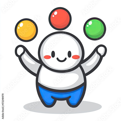 Cartoon character juggling three balls.  A cheerful, rounded figure with outstretched arms, juggling three colorful spheres (red, yellow, and green).  Simple, outlined style