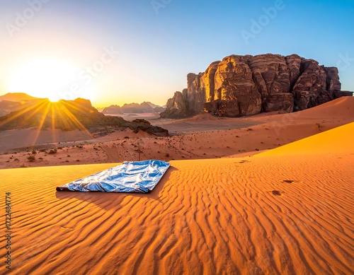 Sunrise over desert dunes with sleeping bag