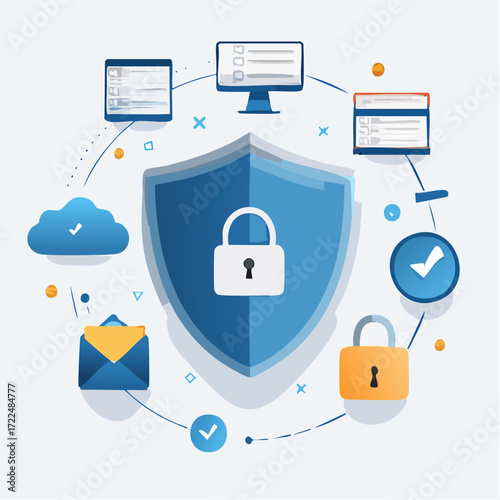 Digital Security and Data Protection Concepts with Shield, Lock, and Cloud Icons
