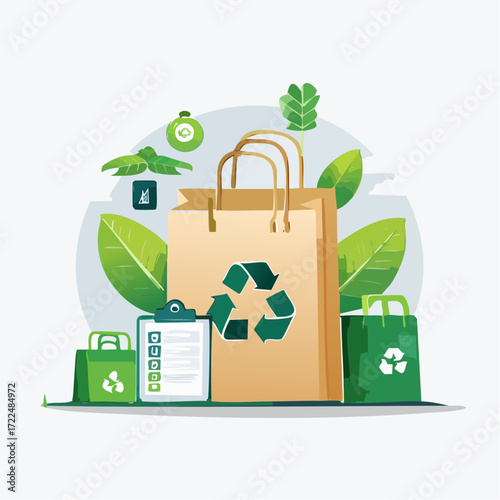 Eco-friendly shopping and recycling awareness with reusable bags and green conservation
