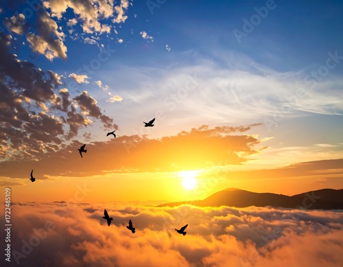 Sunrise over clouds with birds