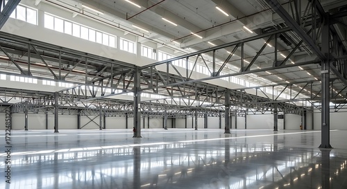 Empty industrial warehouse interior space distribution center logistics building facility structure