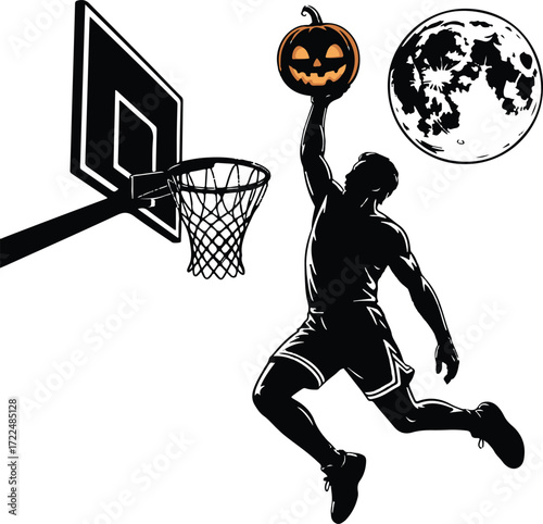 Halloween basketball dunk pumpkin silhouette vector