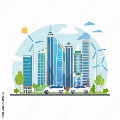 A minimalist vector concept showcasing a green city of the future, powered by sustainable wind energy and clean transport