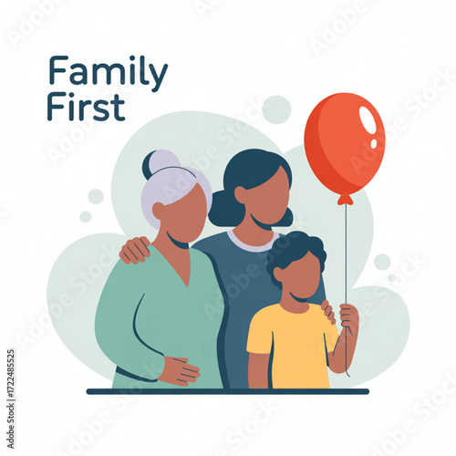 A heartwarming illustration of three generations of women, emphasizing family first, with a child holding a red balloon