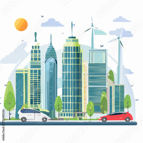 Urban Sustainability A Vector Illustration of an Eco-Friendly City with Wind Turbines and Electric Vehicles