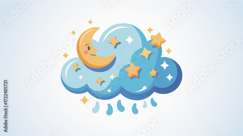 Cute cartoon illustration of a smiling crescent moon resting on a fluffy blue cloud with stars and raindrops