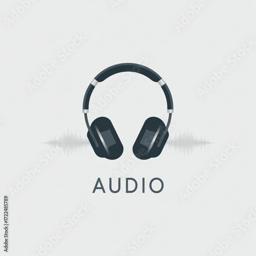 Illustration of black headphones with the word audio below depicts sound waves emanating from the headphones in a minimalist style