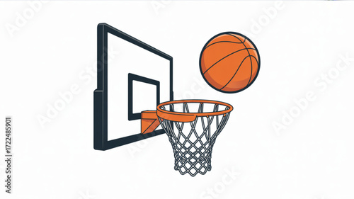 Illustration of a basketball hoop with a ball depicts the sport of basketball in a simple and cartoonish style