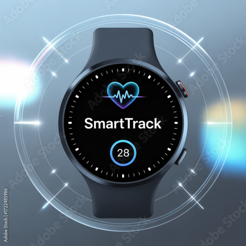 Smartwatch displaying health data with a heart rate monitor and step counter, surrounded by a futuristic interface, showcasing modern fitness technology