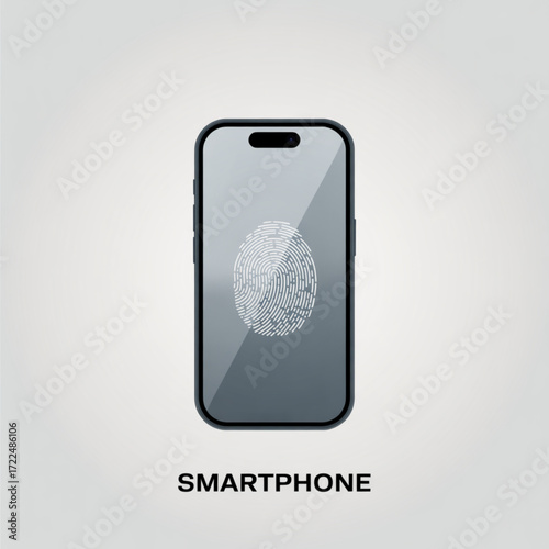 Smartphone with fingerprint on screen the smartphone is black with a gray screen and a white fingerprint on the screen