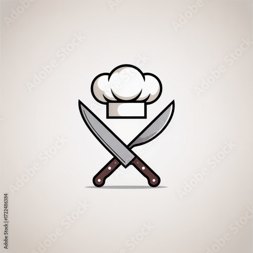 Illustration of a chef hat and crossed knives, the knives are sharp and ready for cooking, representing culinary skills