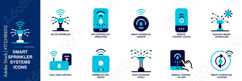 Smart Sprinkler Systems Blue Colored Outline Icon Set