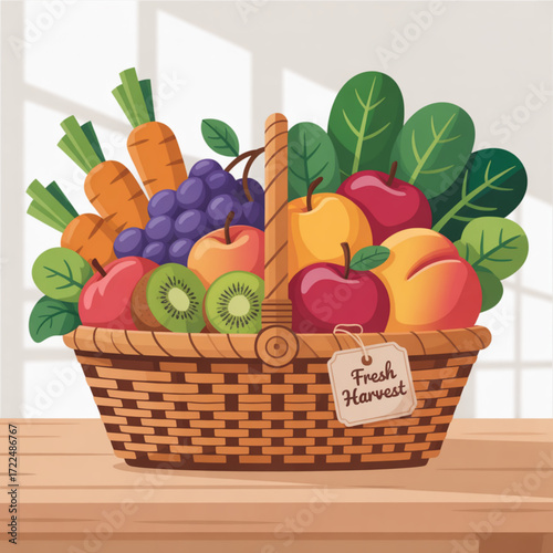 Illustration of a basket filled with fresh fruits and vegetables, symbolizing healthy eating, autumn harvest, and the abundance of nature