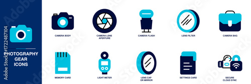 Photography Gear Blue Colored Outline Icon Set