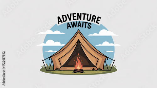 Illustration of a camping tent with a campfire and the words adventure awaits perfect for outdoor and travel themes