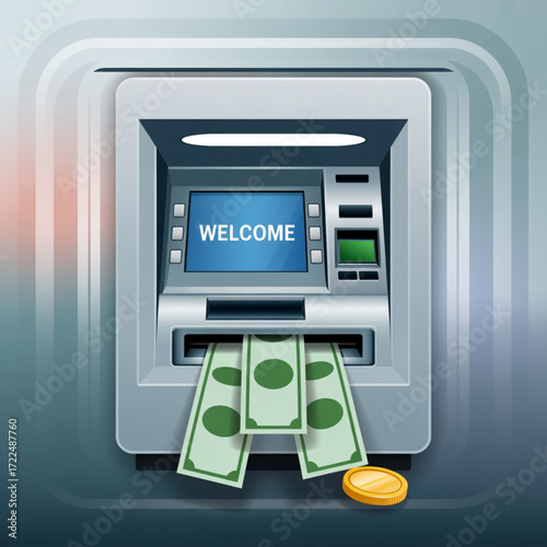 Illustration of an atm machine dispensing cash, with a coin nearby, set against a gradient background, showcasing modern banking and financial access