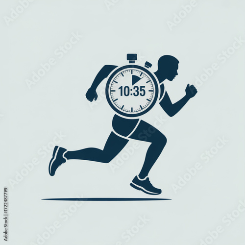 Silhouette of a running man with a stopwatch on his back, represents time management, speed, fitness, and athletic performance