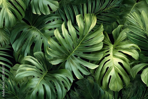 A dense arrangement of monstera and palm leaves creating a lush tropical foliage background