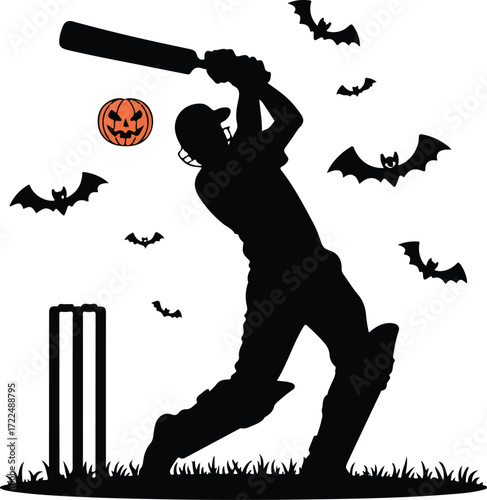 Halloween cricket batsman pumpkin ball silhouette vector