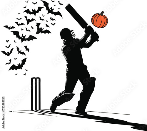 Halloween cricket batsman pumpkin ball silhouette vector