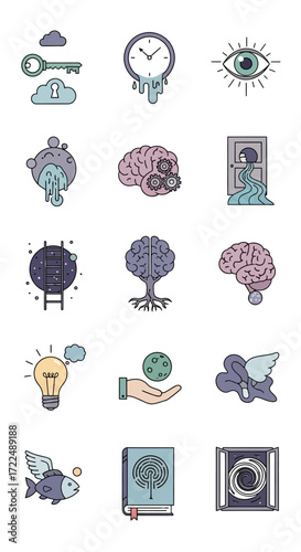 Collection of symbolic illustrations representing concepts of mind and thought.