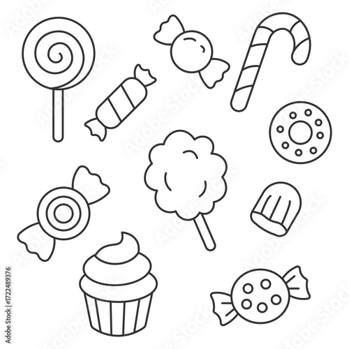 Sweet Treats Line Art Collection Candies, Cupcake, and Cotton Candy
