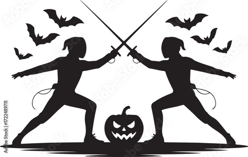 Halloween fencing duel pumpkin silhouette vector