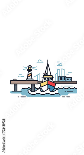 Colorful boat sails through the ocean near a lighthouse and pier.