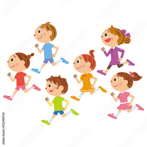 仲良しの子供達が集団で元気に走る