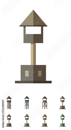 Detailed illustration of a watchtower with a triangular roof and square base.