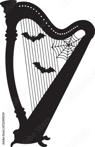 Halloween harp spider web strings silhouette vector