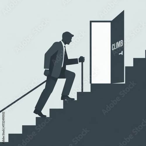 A determined businessman ascends stairs toward an open door labeled climb, symbolizing ambition, career advancement, and overcoming challenges