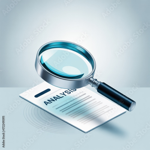 Magnifying glass on top of a document with the word analysis written on it, symbolizing the process of examining and interpreting data for insights