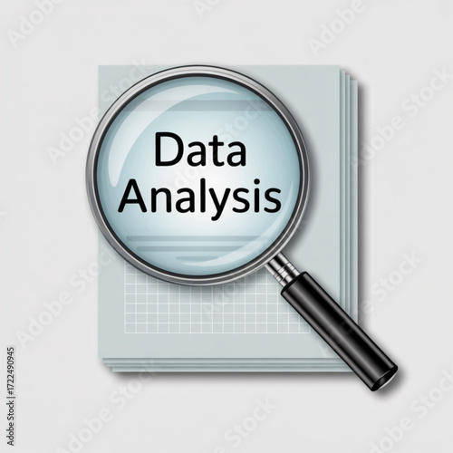 Magnifying glass over a stack of documents with data analysis written on it, symbolizing the process of examining and interpreting data for insights