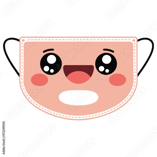 Cute kawaii face mask sheet with happy cheeks, flat cartoon vector, pastel color, white background, transparent background