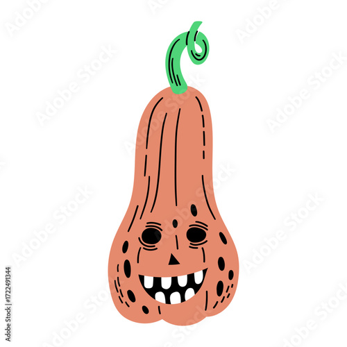 A cartoon pumpkin with a face and a curly green stem