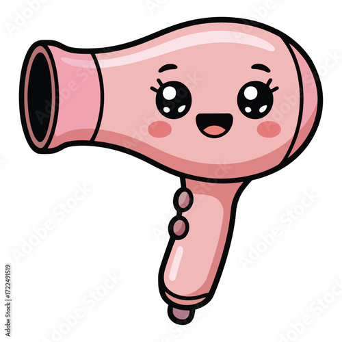 Cute kawaii hairdryer with smiling face, flat cartoon vector, pastel color, white background, transparent background