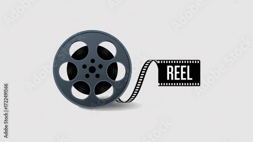 A film reel with the word reel on it, representing cinema, video production, and the entertainment industry