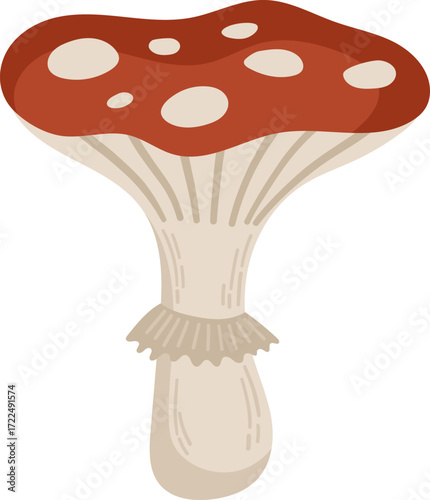 A cartoon mushroom with a red cap and white spots