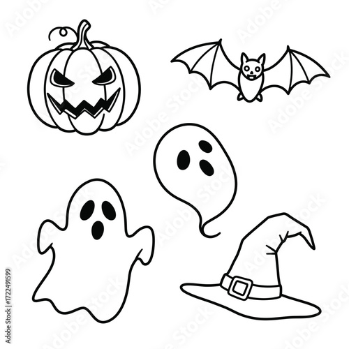 A bold black-and-white Halloween set featuring a sinister pumpkin, smiling bat, two floating ghosts, and a crooked witch’s hat—perfect for spooky, kid-friendly designs and coloring pages.