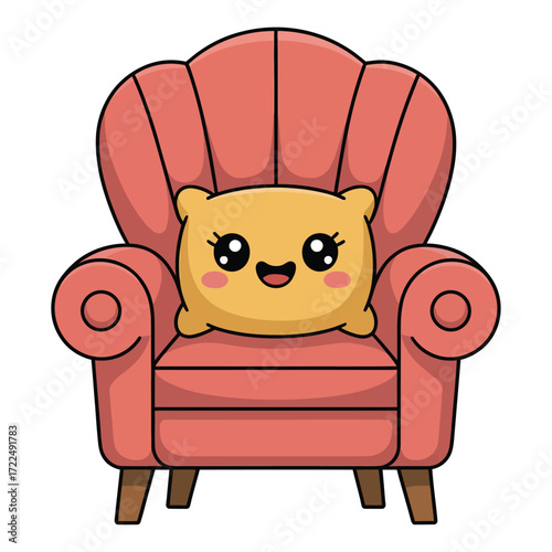 Cute kawaii cozy chair with pillow and sparkles, flat cartoon vector, pastel color, white background, transparent background