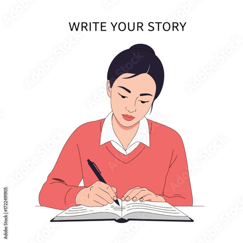 Flat Vector 2D Design of Woman Writing Icon — Write Your Story