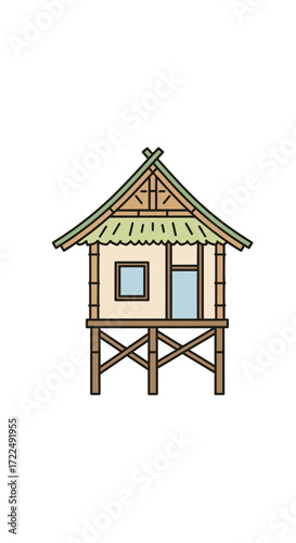 Tropical stilt house illustration showcasing traditional architecture and design.