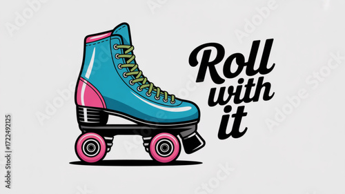 A retro roller skate with the words roll with it is perfect for 80s themed designs, parties, or skating events
