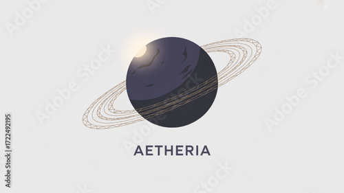 Illustration of a dark planet with white rings and a sun flare space exploration and astronomy concept with the word aetheria