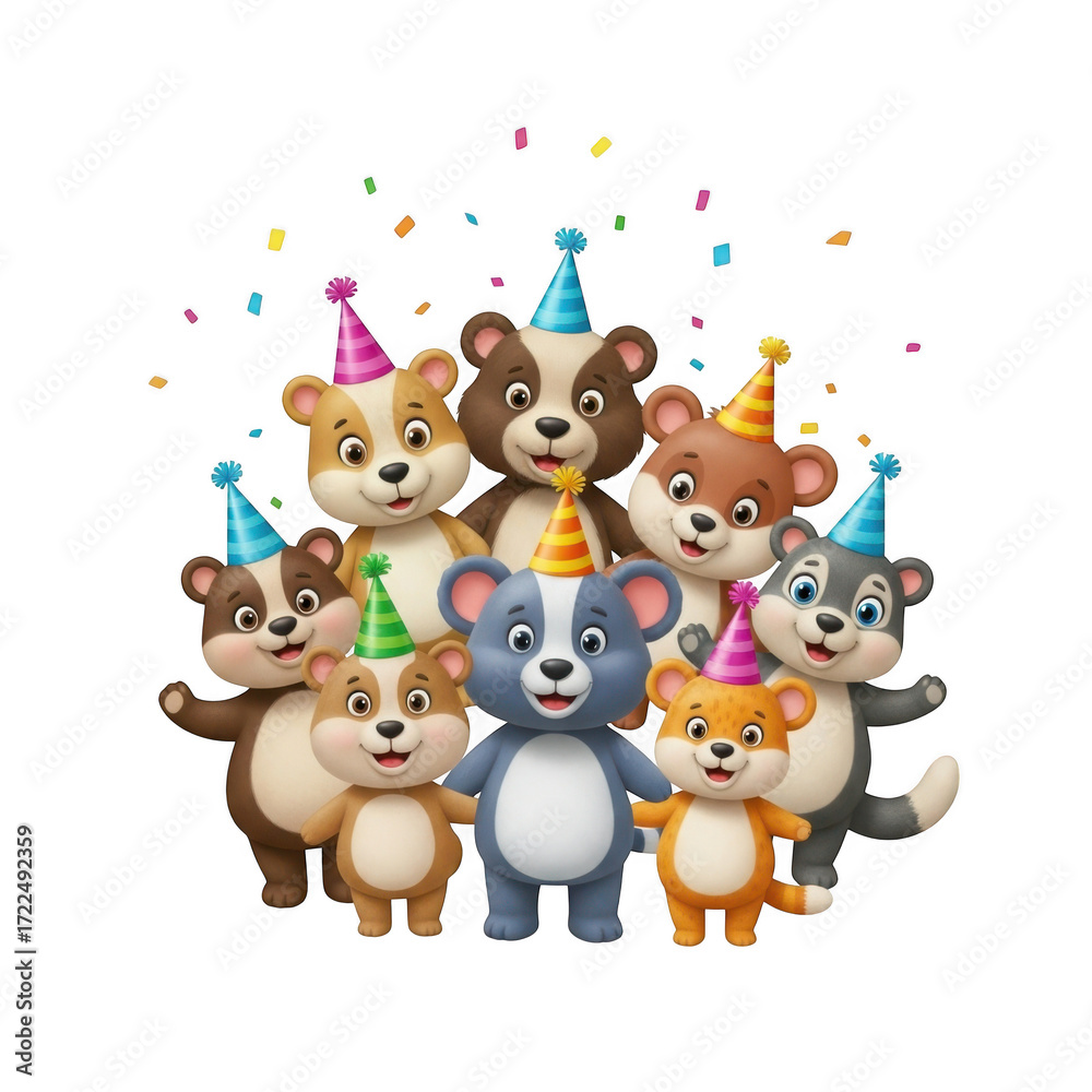 Obraz premium Cartoon party animals, cute bears wearing party hats, celebration, festive, birthday, fun, joyful, happy, mascot, characters, illustration isolated on transparent background
