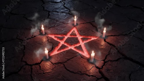 Dark ritualistic scene featuring a luminous red pentagram glowing on dry, cracked earth, encircled by six smoking candles, creating an eerie ambiance.
