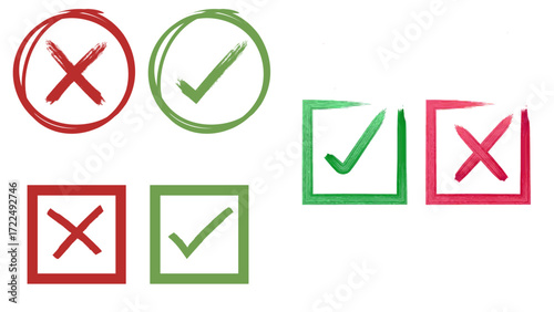 Green check mark and red cross inside circles, representing correct and incorrect choices, approval and rejection.