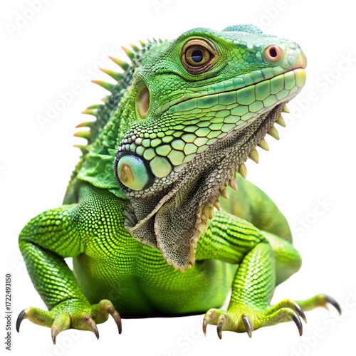 Close up of a vibrant green iguana with detailed scales and sharp claws on black reptile lizard